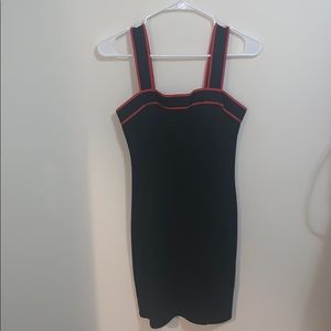 tight black dress with red/black straps